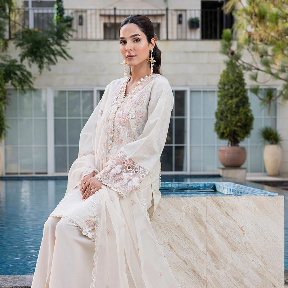 Crystal White Pure Cotton Schiffli Embroidered Farshi Shalwar Suit