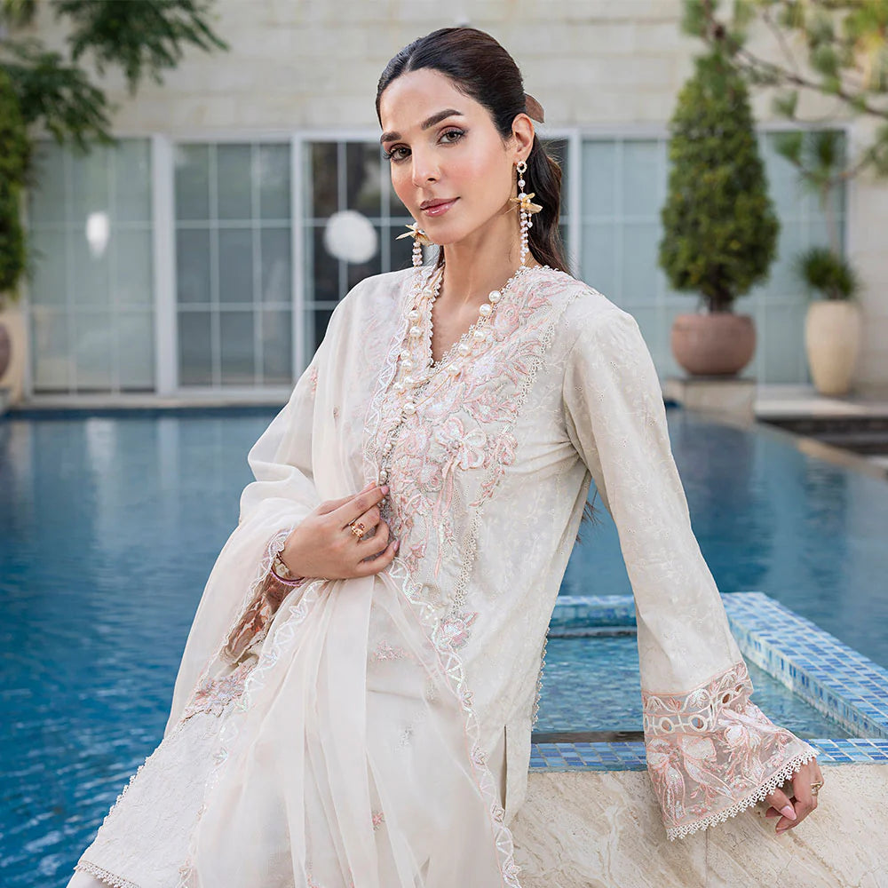 Crystal White Pure Cotton Schiffli Embroidered Farshi Shalwar Suit