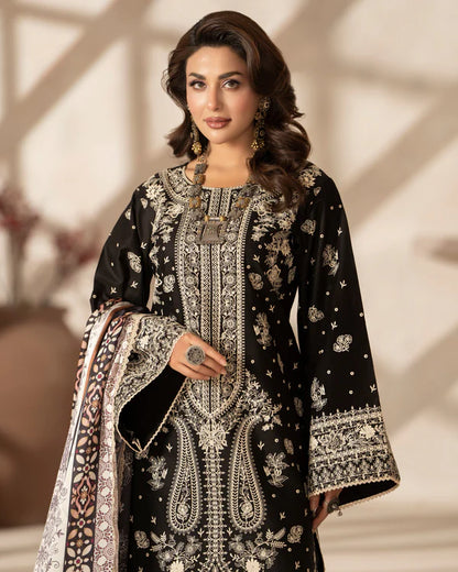Black Heavy Embroidered Pure Cotton Suit with Long Shirt