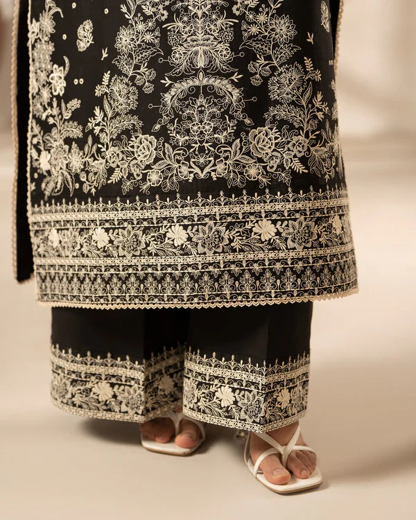 Black Heavy Embroidered Pure Cotton Suit with Long Shirt
