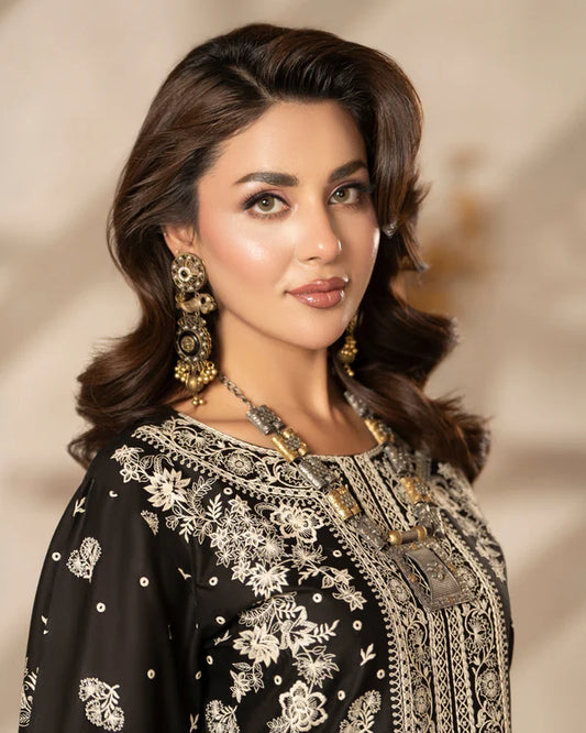 Black Heavy Embroidered Pure Cotton Suit with Long Shirt