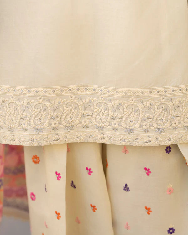 Antique Pearl Pure Cotton Farshi Shalwar Suit with Matte Thread Embroidery