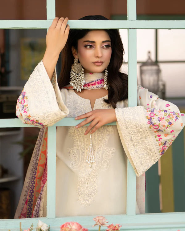 Antique Pearl Pure Cotton Farshi Shalwar Suit with Matte Thread Embroidery