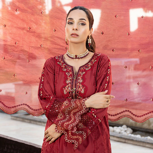 Ruby Red Pure Cotton Schiffli Embroidered Farshi Shalwar Suit