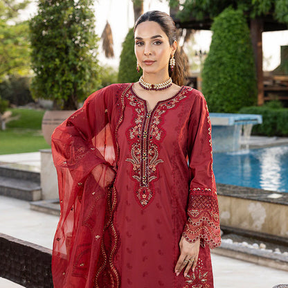 Ruby Red Pure Cotton Schiffli Embroidered Farshi Shalwar Suit