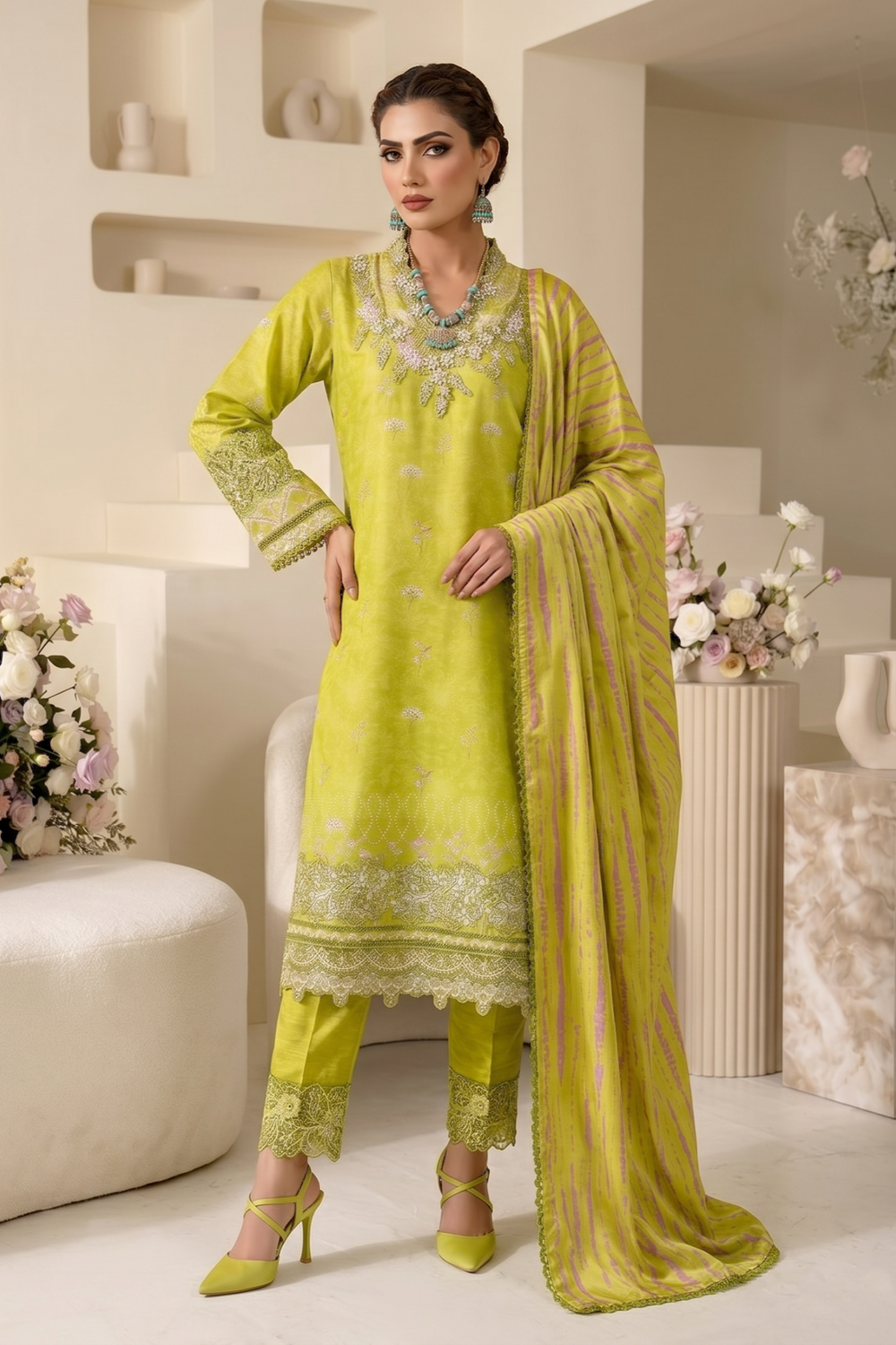 Olive Green Embroidered Raw Silk Suit