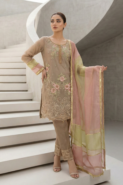 Beige Embroidered Organza Suit