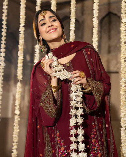 Maroon Georgette Farshi Shalwar Suit with Cutwork & 3D Work