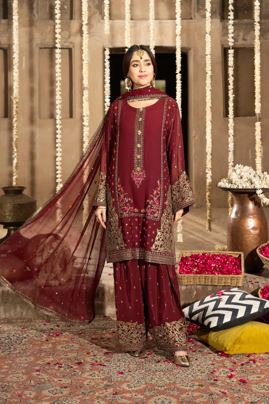 Maroon Georgette Farshi Shalwar Suit with Cutwork & 3D Work