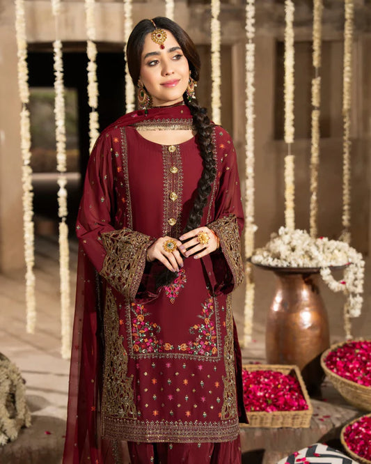 Maroon Georgette Farshi Shalwar Suit with Cutwork & 3D Work