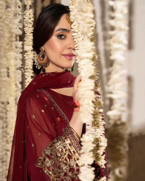 Maroon Georgette Farshi Shalwar Suit with Cutwork & 3D Work