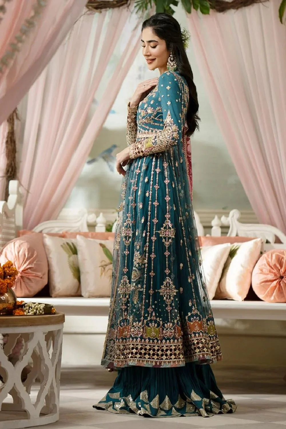 Peacock Green Handmade Lehenga Choli / Anarkali Maxi