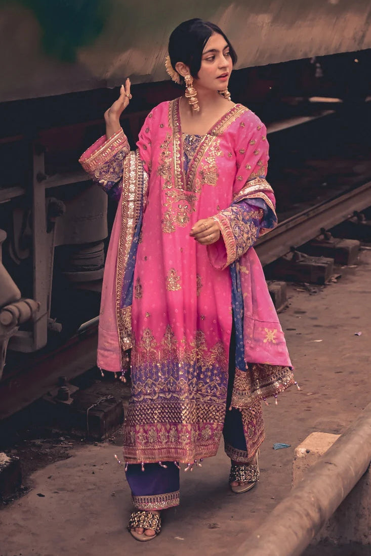 Pink & Purple Chiffon Embellished Suit