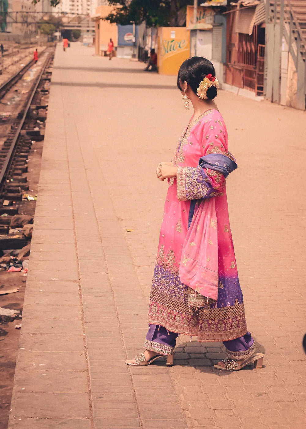 Pink & Purple Chiffon Embellished Suit