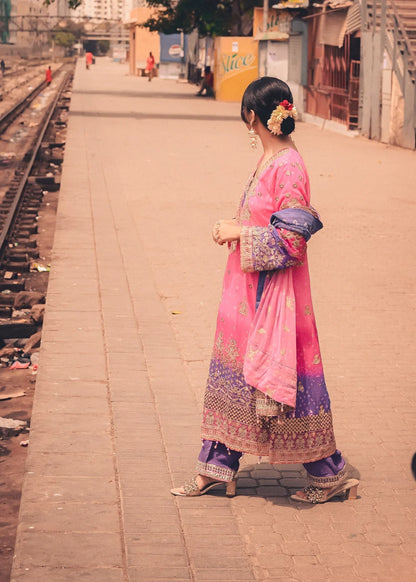 Pink & Purple Chiffon Embellished Suit