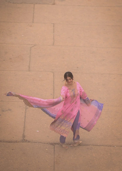 Pink & Purple Chiffon Embellished Suit