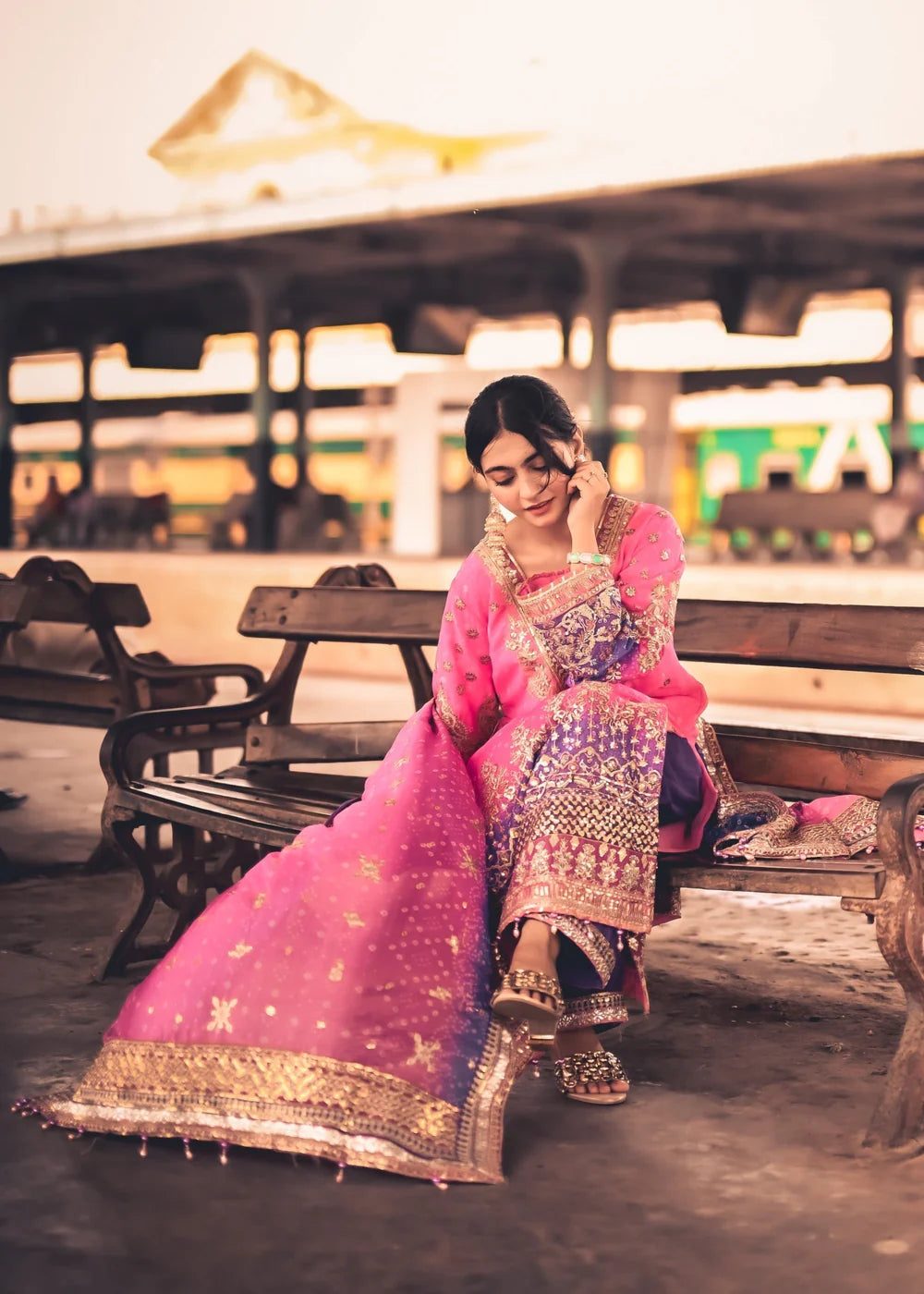 Pink & Purple Chiffon Embellished Suit