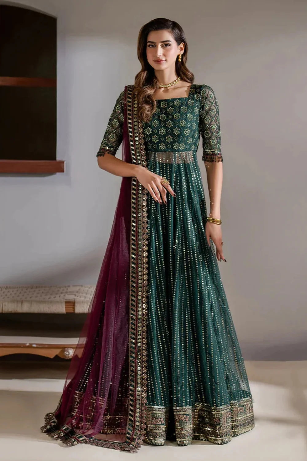 Bottle Green Sequins Embroidered Lehenga Choli / Anarkali Maxi