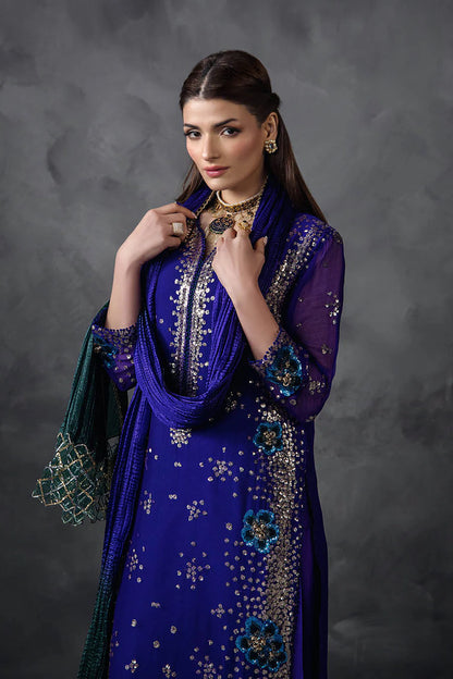 Hand Embroidered Royal Blue Crinkle Chiffon Designer Suit