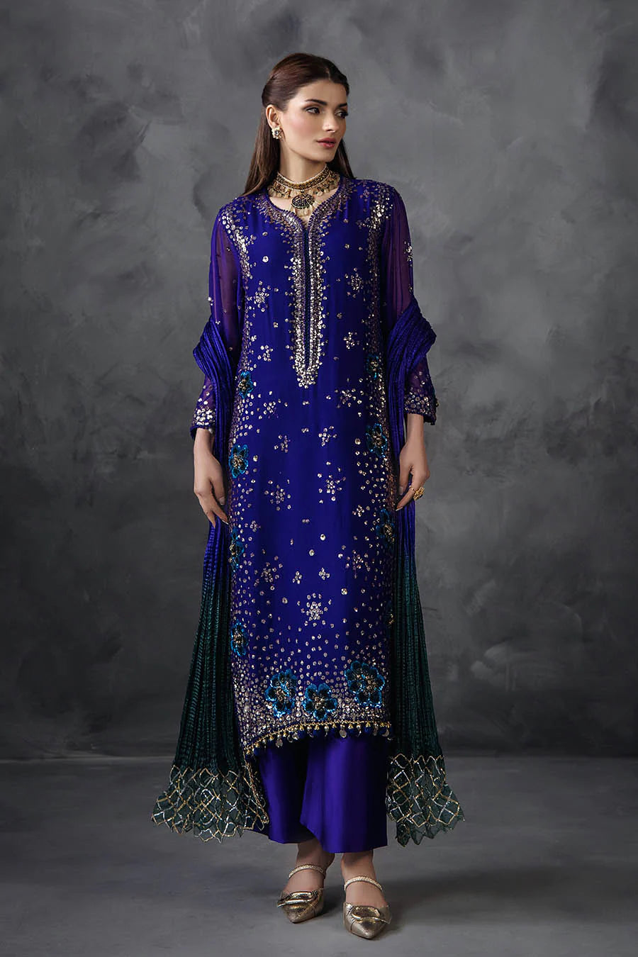 Hand Embroidered Royal Blue Crinkle Chiffon Designer Suit
