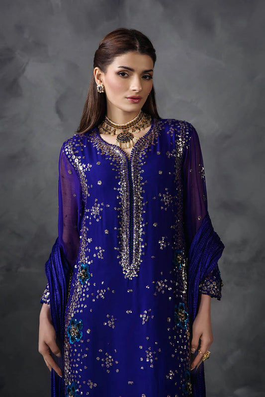 Hand Embroidered Royal Blue Crinkle Chiffon Designer Suit