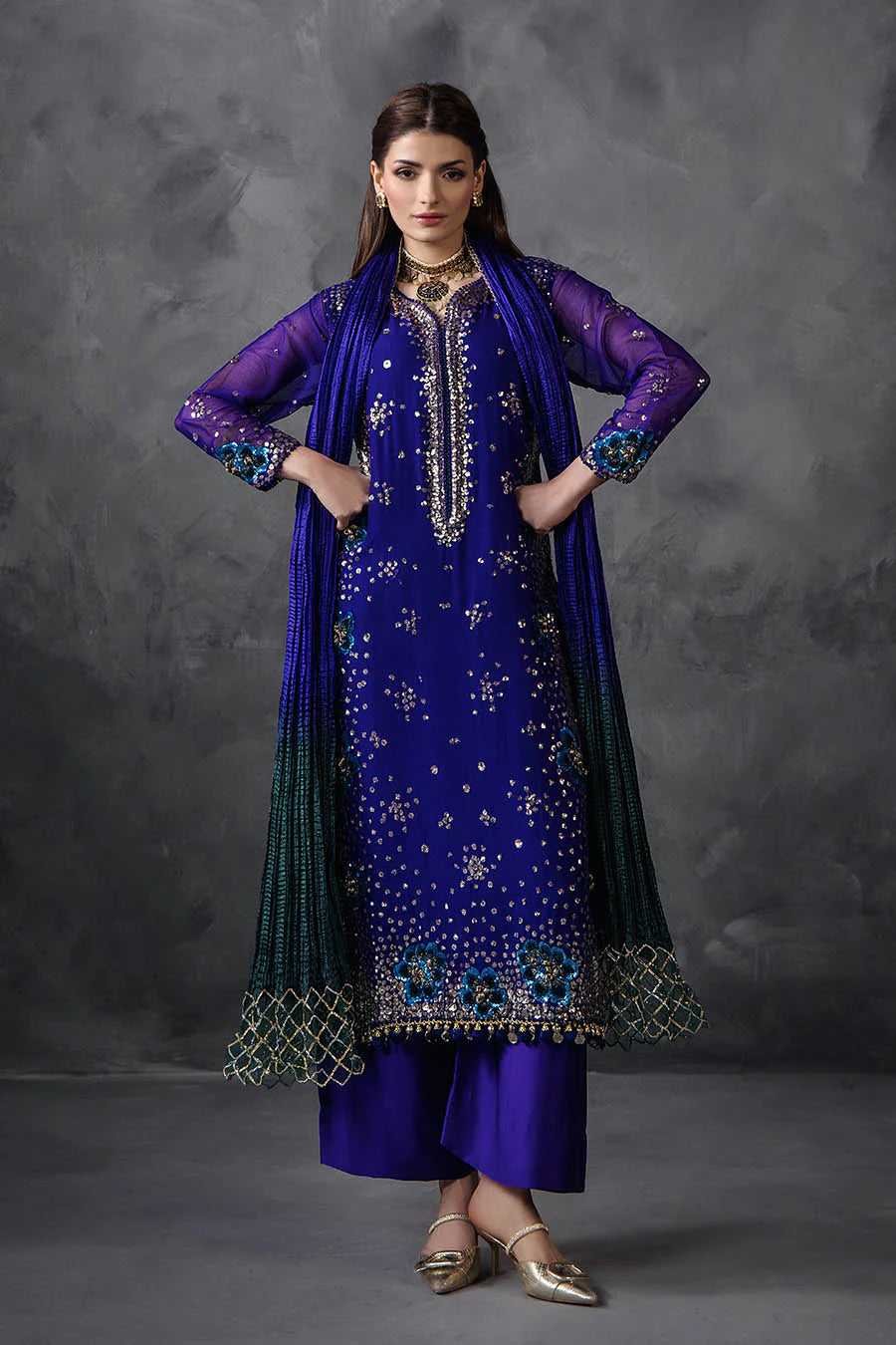 Hand Embroidered Royal Blue Crinkle Chiffon Designer Suit
