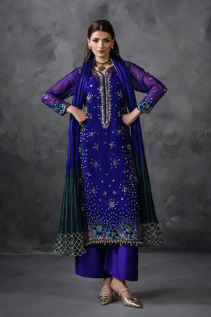 Hand Embroidered Royal Blue Crinkle Chiffon Designer Suit