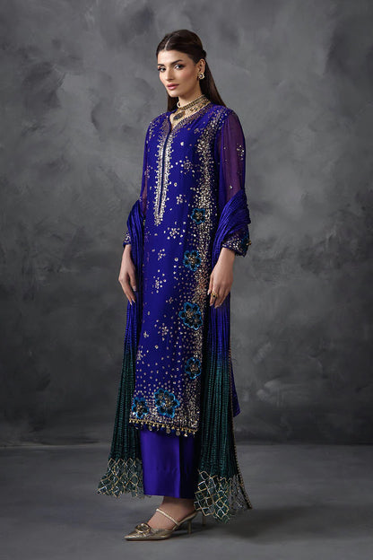 Hand Embroidered Royal Blue Crinkle Chiffon Designer Suit