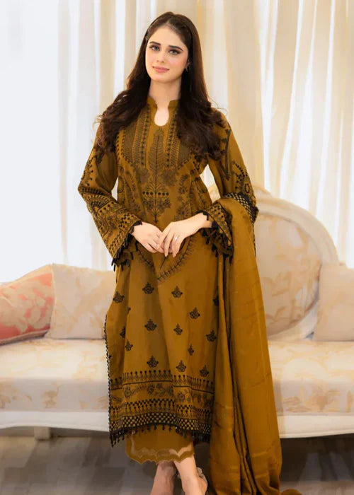 Earthy Yellow Heavy Embroidered Winter Kurta Set with Dupatta