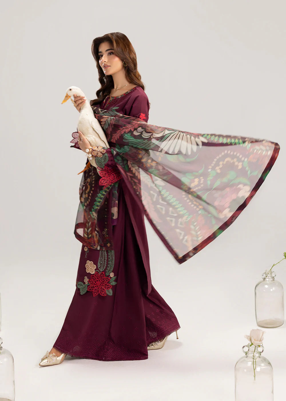 Wine Embroidered Premium Lawn Suit with Embroidered Trousers