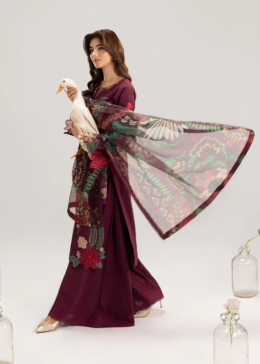 Wine Embroidered Premium Lawn Suit with Embroidered Trousers