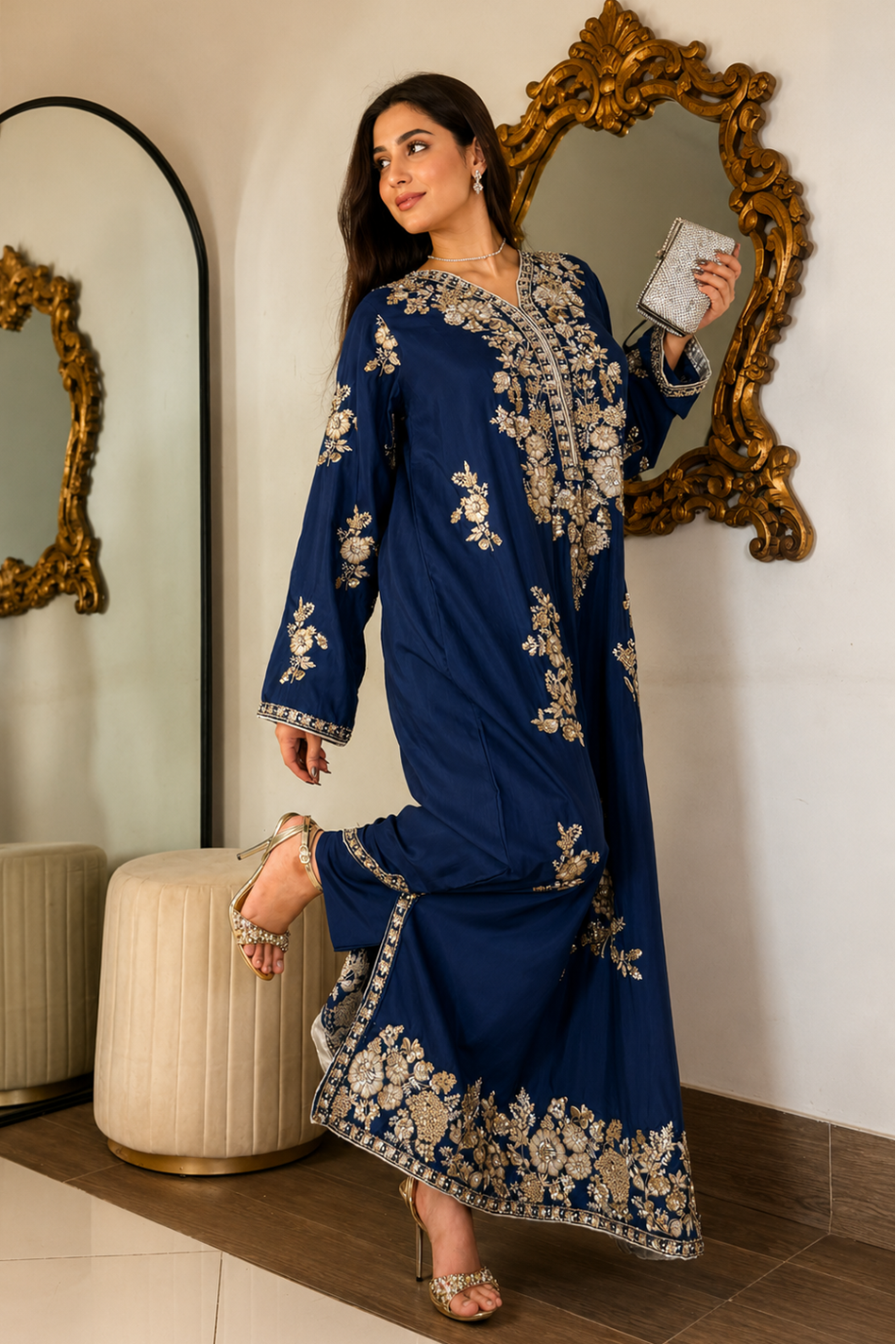Elegant Navy Blue Embroidered Kaftan Dress Online in UK USA Canada