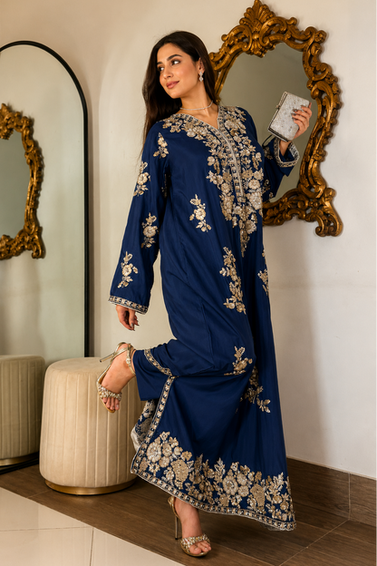 Elegant Navy Blue Embroidered Kaftan Dress Online in UK USA Canada