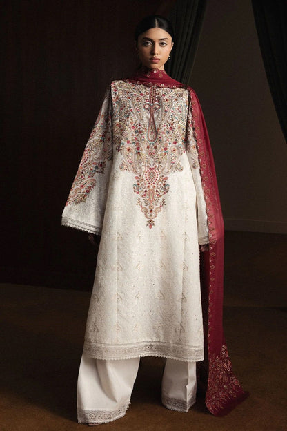 Elegant Pearl White Heavy Embroidered Lawn Cotton Designer Suit Online in Dubai UAE Abudhabi Ajman Sharjah