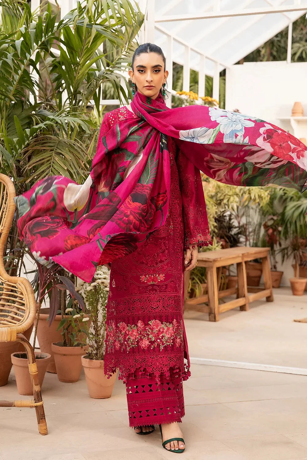 Red Heavy Embroidered Chikankari Lawn Suit