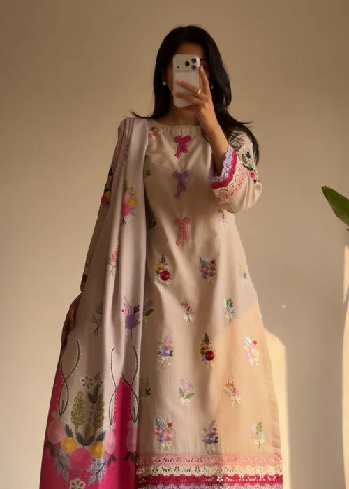 Beige Embroidered Cotton Kurta Set with Dupatta