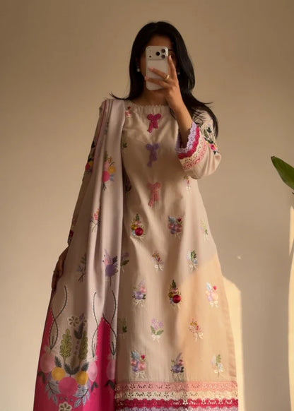 Beige Embroidered Cotton Kurta Set with Dupatta