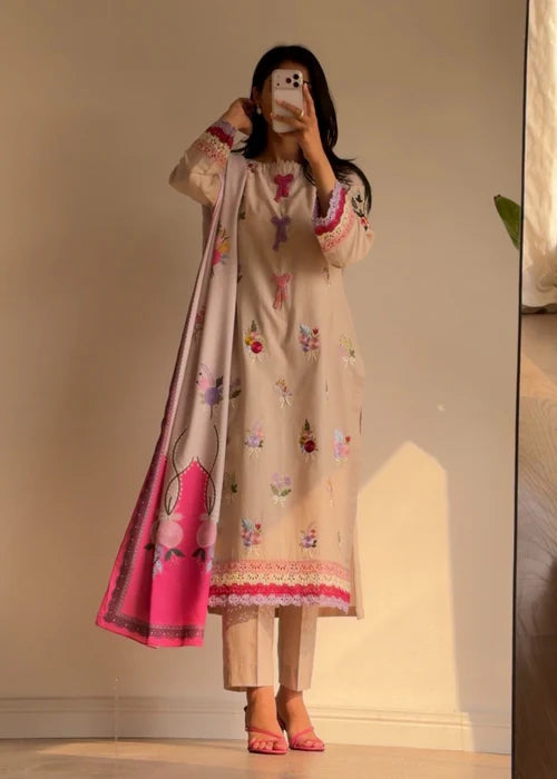 Beige Embroidered Cotton Kurta Set with Dupatta