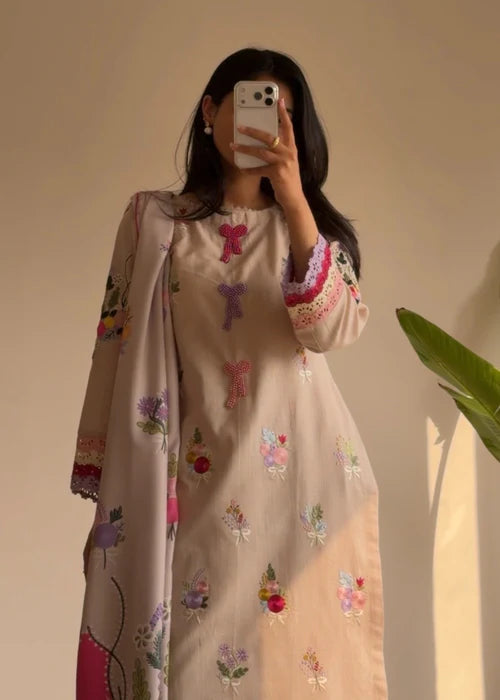 Beige Embroidered Cotton Kurta Set with Dupatta