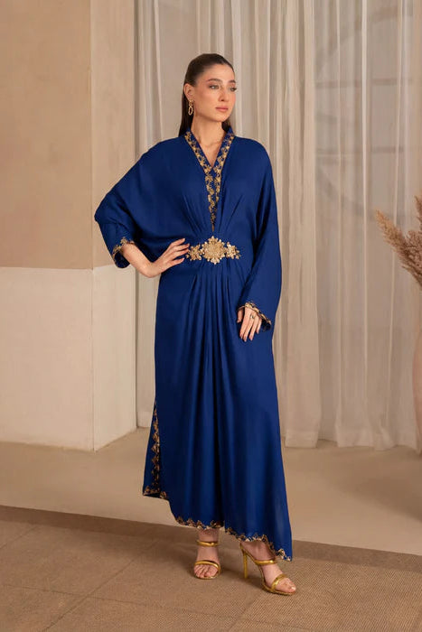 Navy Blue Embroidered Linen Kaftan