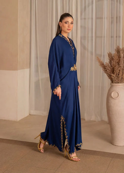 Navy Blue Embroidered Linen Kaftan