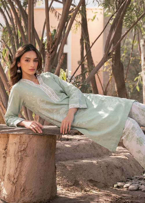 Pista Green Printed Embroidered Lawn Kurta Set