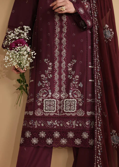 Maroon Embroidered Luxury Lawn Suit with Chiffon Dupatta