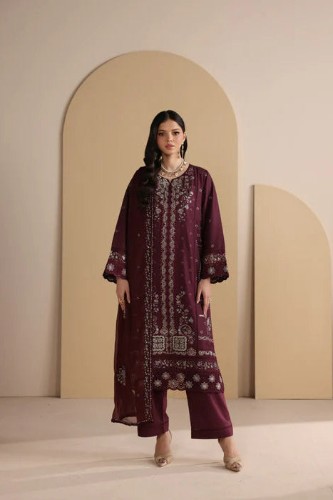 Maroon Embroidered Luxury Lawn Suit with Chiffon Dupatta