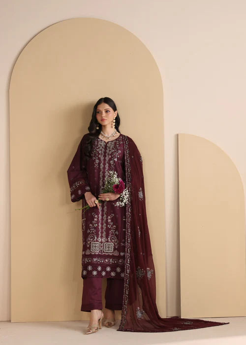 Maroon Embroidered Luxury Lawn Suit with Chiffon Dupatta