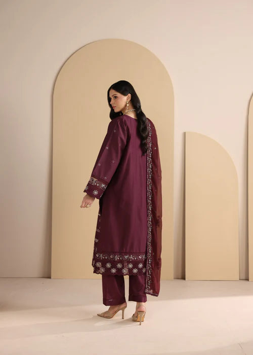 Maroon Embroidered Luxury Lawn Suit with Chiffon Dupatta