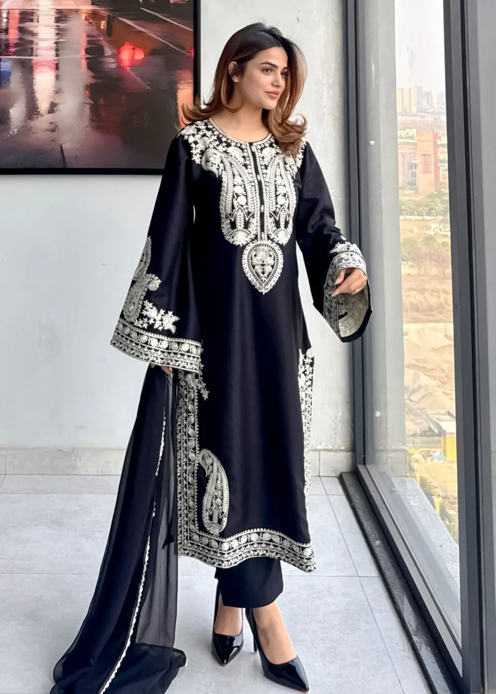Black Embroidered Linen Kurta Set with Dupatta