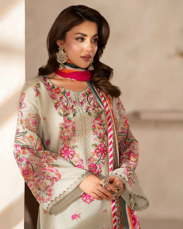 Almond Embroidered Pure Cotton Suit with Long Shirt