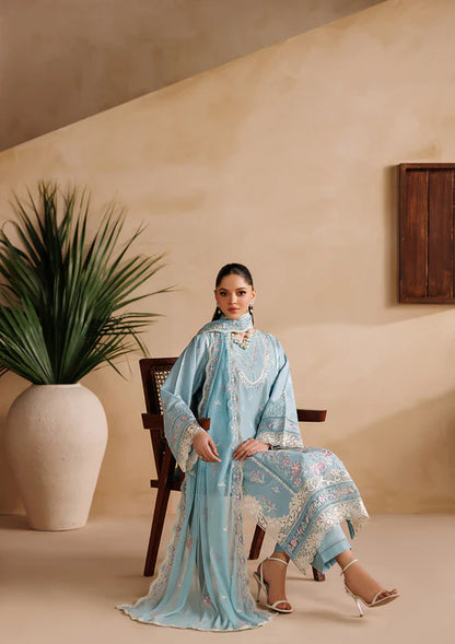 Sky Blue Embroidered Luxury Lawn Suit with Chiffon Dupatta