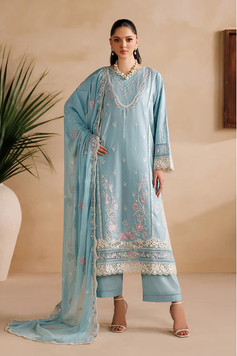 Sky Blue Embroidered Luxury Lawn Suit with Chiffon Dupatta
